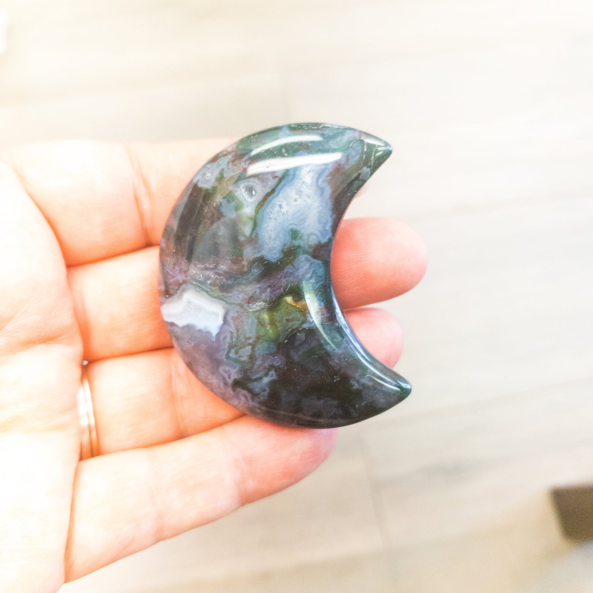 Moss Agate Crescent Moons